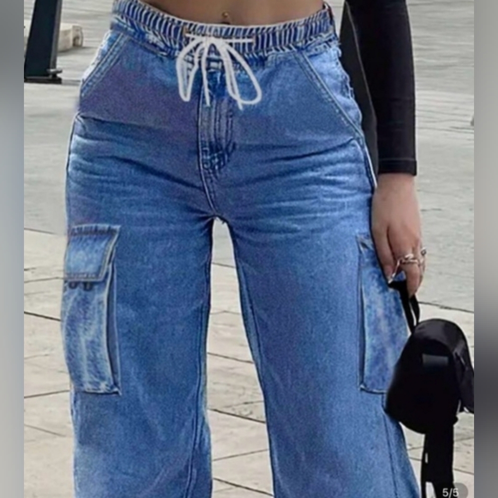 Blue Cargo Jeans, High Waist Size Small - Picture 2 of 3